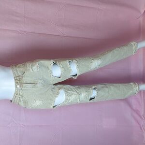 Missguided Riot High Rise Neutral Tan Super Distressed Cotton Mom Jeans Size 2